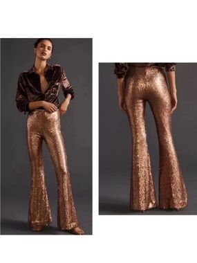 By Anthropologie Joni Sequin Flare Pants • 12 Tall • flaw